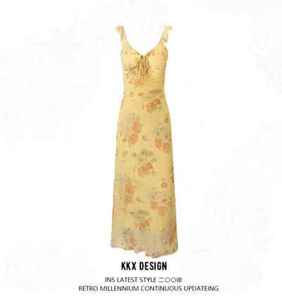 Deep V-neck ruffled chest tie slim waist beach holiday long dress