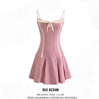Lace patchwork contrast color suspender dress - Thumbnail 5
