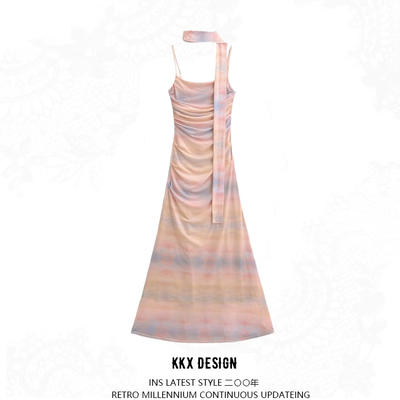 Retro suspender dress for women niche ribbon mesh tie-dye print slim fit pleated a-line knee-length skirt - Thumbnail 5