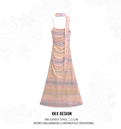 Retro suspender dress for women niche ribbon mesh tie-dye print slim fit pleated A-line knee-length skirt