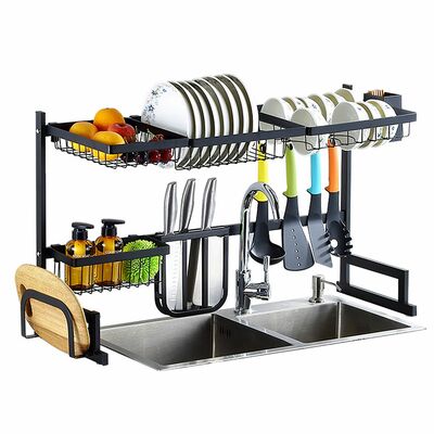 2-tier sink dish drying rack, stainless steel, 33.7", large drainer & utensil organizer, kitchen countertop dish rack