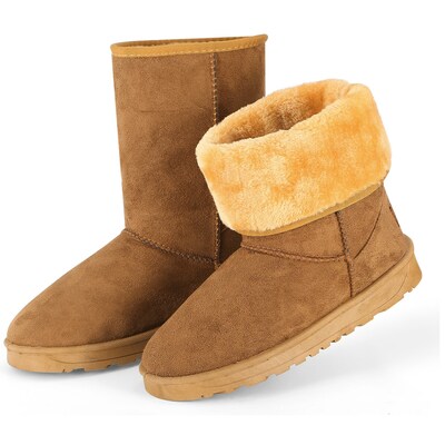Women Ladies Snow Boots Waterproof Faux Suede Mid-Calf Boots Fur Warm Lining Shoes-Chestnut-8
