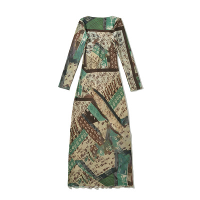 Retro medieval style printed long sleeves temperament sexy elegant long dress