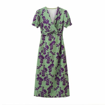 Temperamental and mature v-neck printed short-sleeved dress - Thumbnail 4