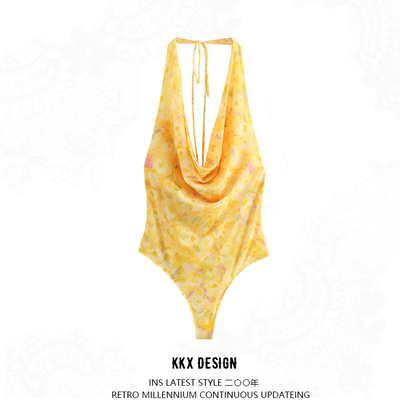 Printed tulle slim sexy pile neck open back bodysuit
