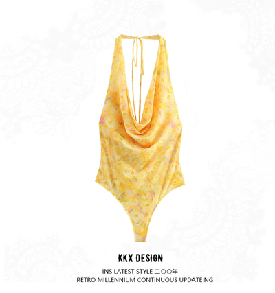 Printed Tulle Slim Sexy Pile Neck Open Back Bodysuit