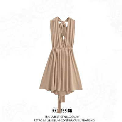 Long back slim fit pleated waist a-line mini skirt - Thumbnail 4