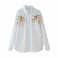 Versatile solid color lapel single-breasted long-sleeved sequin embroidered shirt - Thumbnail 2