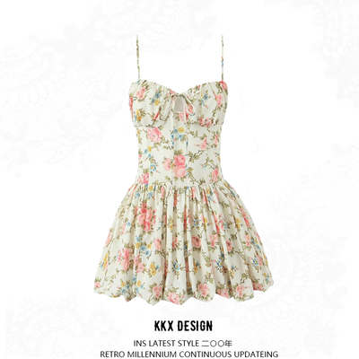 Sweet printed mini dress sexy backless a-line suspender dress - Thumbnail 4