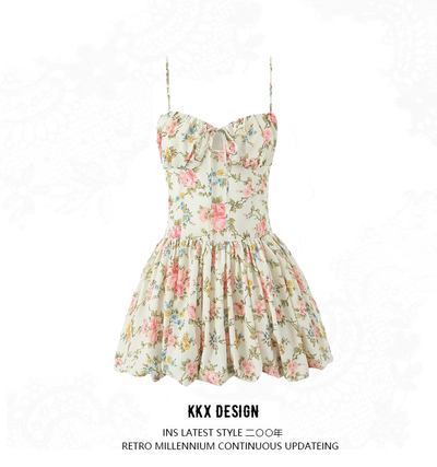 Sweet Printed Mini Dress Sexy Backless A-Line Suspender Dress