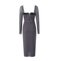 Lace mid-length dress French square neck sexy slim party style hip skirt - Thumbnail 1