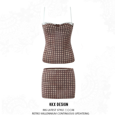 Two-piece plaid lace stitching camisole top mini hip skirt
