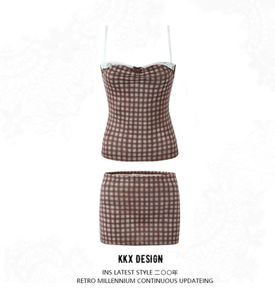 Two-piece plaid lace stitching camisole top mini hip skirt