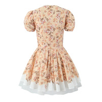 Pastoral style printed mini skirt French deep V cute puff sleeve short dress - Thumbnail 1