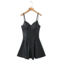 PU leather pleated dress Black sexy low-cut short waist suspender skirt - Thumbnail 3
