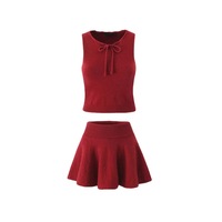 Bowknot round neck knitted sleeveless vest cuffed low waist anti-exposure pleated skirt suit - Thumbnail 4