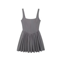 Retro Square Neck Suspender Dress with Pleated Short Skirt - Thumbnail 2