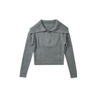 Retro large lapel zipper hollow long sleeve knitted pullover sweater - Thumbnail 2