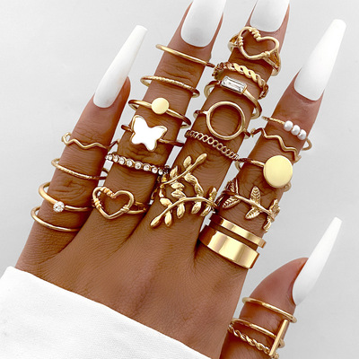  women girls hollow butterfly pearl crystal geometric rings vintage gold color heart rings set finger jewelry