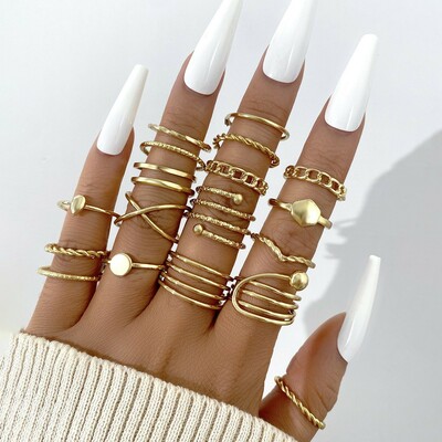 Women girls simple chain finger tail rings bohemian ring set gold silver color wide rings 