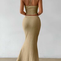 Twist V-Neck Backless Halter Neck Tops and High Waist Long Skirt Set for women 2 Piece Summer Outfits  - Thumbnail 4