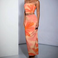 women's flower print Fashion slim-fit breast wrap buttock long skirt suit - Thumbnail 5