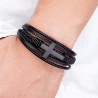 Stainless Steel Cross Design Classic  Men's Leather Bracelet - Thumbnail 2