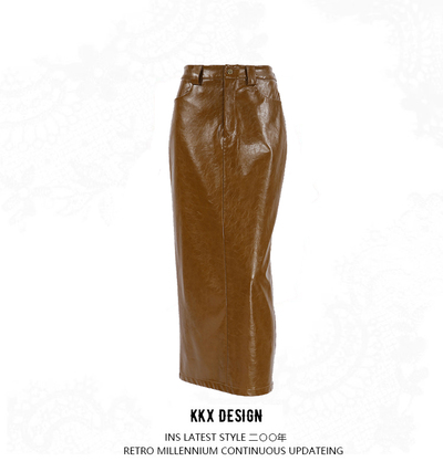 Commuter distressed high waist leather skirt maxi skirt