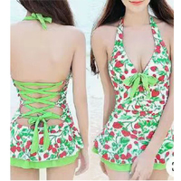 Lace Cross Back Swimsuit  Strawberry Swim Dress Bandage Bikini Set for Women Girls - Thumbnail 2