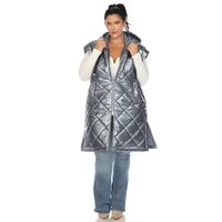 White Mark Women's Metallic Double Zipper Long Puffer Vest with Hood - Thumbnail 6