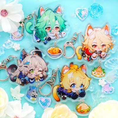 Fontaine, sumeru, and more - genshin impact chibi animal ears style keychains with small charm - clear acrylic - ultra high quality!