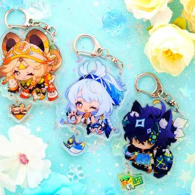 Natlan and more - genshin impact chibi animal ears style keychains with small charm - clear acrylic - ultra high quality!