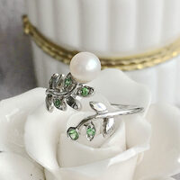 Free Size Green Tsavorite White Pearl Ring Natural Freshwater Pearl 925 Sterling Silver Ring for Women - Thumbnail 2
