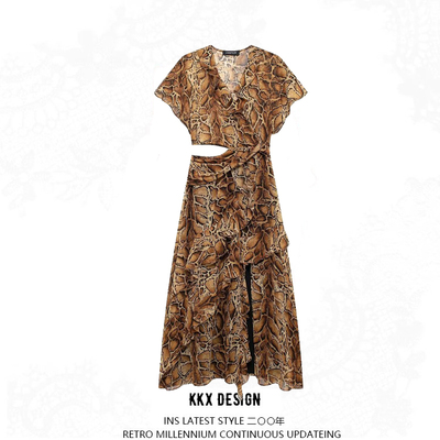 Layered embellished cut-out print long dress