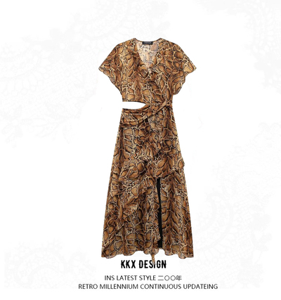 Layered embellished cut-out print long dress