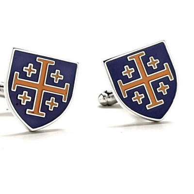 Men's cufflinks royal crusaders shield jerusalem cross cuffs purple and gold enamel design silver tone five-fold cross cuff links religious