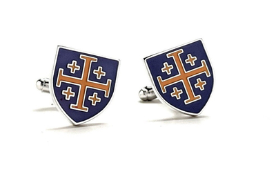 Men's Cufflinks Royal Crusaders Shield Jerusalem Cross Cuffs Purple and Gold Enamel Design Silver Tone Five-Fold Cross Cuff Links Religious