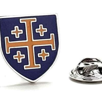 Royal crusaders shield pin purple and gold enamel pin jerusalem cross lapel pin 3d five-fold cross pin tie tack lanyard pins