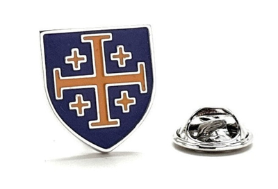 Royal Crusaders Shield Pin Purple and Gold Enamel Pin Jerusalem Cross Lapel Pin 3D Five-Fold Cross Pin Tie Tack Lanyard Pins