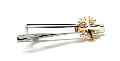 Jerusalem Cross Tie Bar Crusaders Shield Cut Out Design Silver and Gold Tone 3D Five-Fold Cross Tie Bar