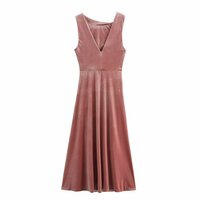 Fashionable Slant Neck Velvet Waist Pleated Solid Color Sleeveless Dress - Thumbnail 1