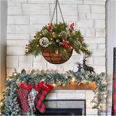 Artificial Christmas Hanging Basket,Pre-lit Christmas Flower Basket Garland 