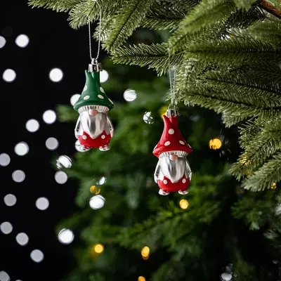 Red and green polka dot christmas folksy gnome ornament set, 8 shatterproof tree gnomies