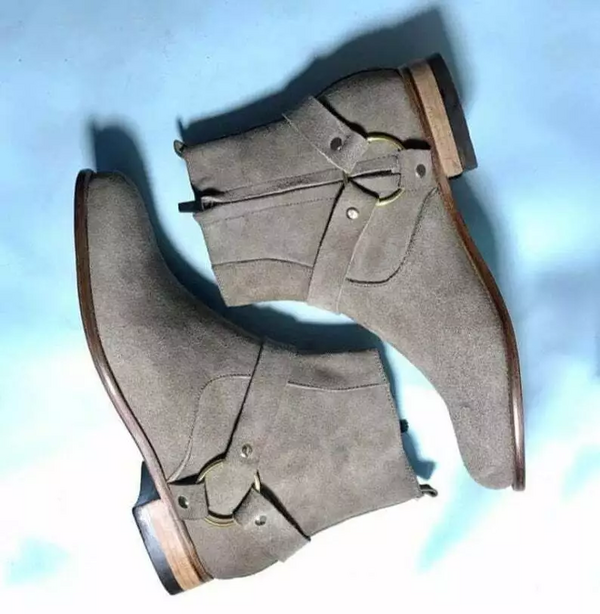 Men’s New Handmade Grey Suede Cowboy Style Ankle Boots, Stylish Zipper Closure for a Modern Touch