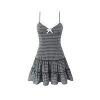 Vintage Plaid Lace Bow Sling Dress - Thumbnail 1