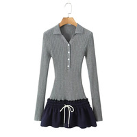 Lapel half-button long-sleeved knitted dress with contrasting drawstring pleated skirt - Thumbnail 2