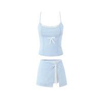 Lace stitching bow camisole design side stripes anti-exposure skirt suit - Thumbnail 6