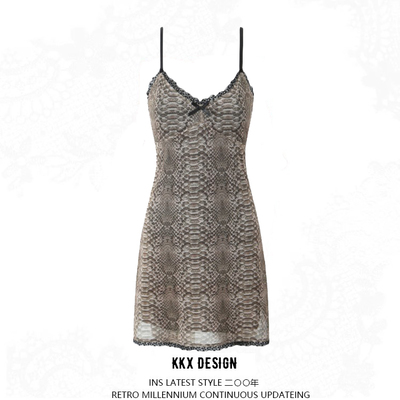 Low-cut v-neck personality nightclub sexy hot girl lace edge snake pattern suspender dress