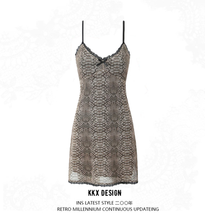 Low-cut V-neck personality nightclub sexy hot girl lace edge snake pattern suspender dress