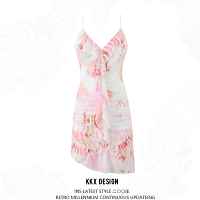 Sexy v-neck ear-edge ribbon dress with pleated slim irregular short skirt